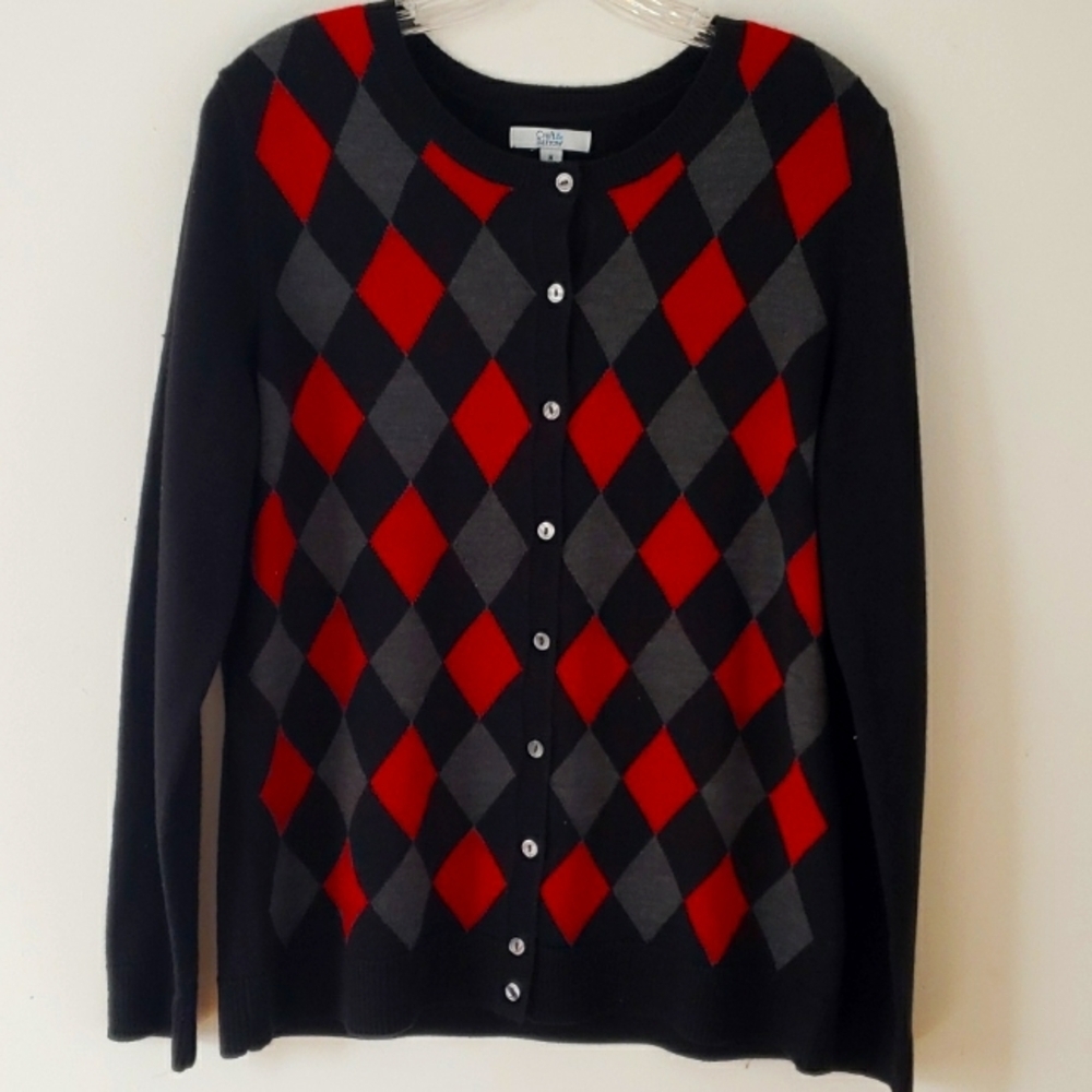 Croft & Barrow Women’s Argyle Crewneck Cardigan in Black Red Grey, Size M